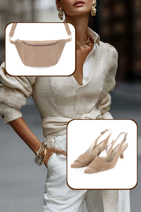 Dress slingback heels in tan beige leather with medium spool heels and pointed toe - Top view